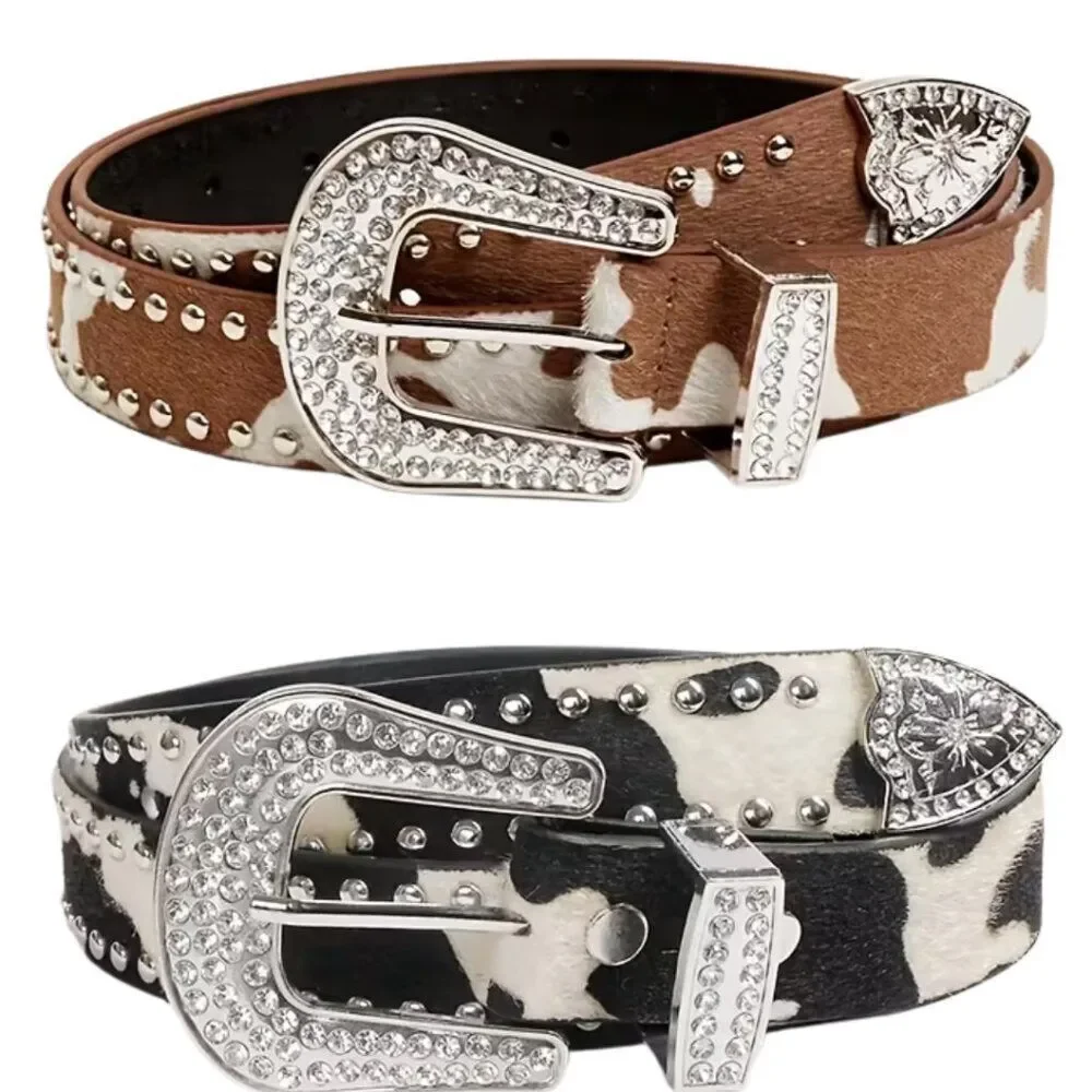 NWT Western Cow Print Rhinestone Belt Bling Studded Cowgirl Y2K Country XL